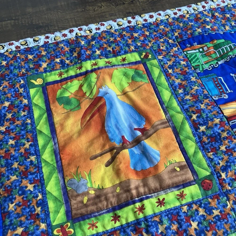 Handmade Kids Patchwork Quilt 36 X41 Trains Trucks Safari Animals & Bugs Vintage